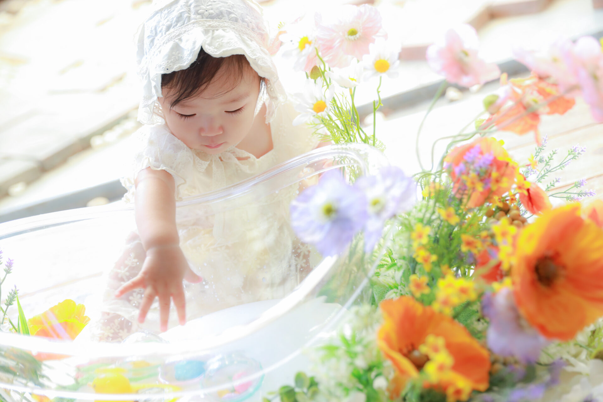 所沢のミルクバス撮影（お花に囲まれたベビーフォト）