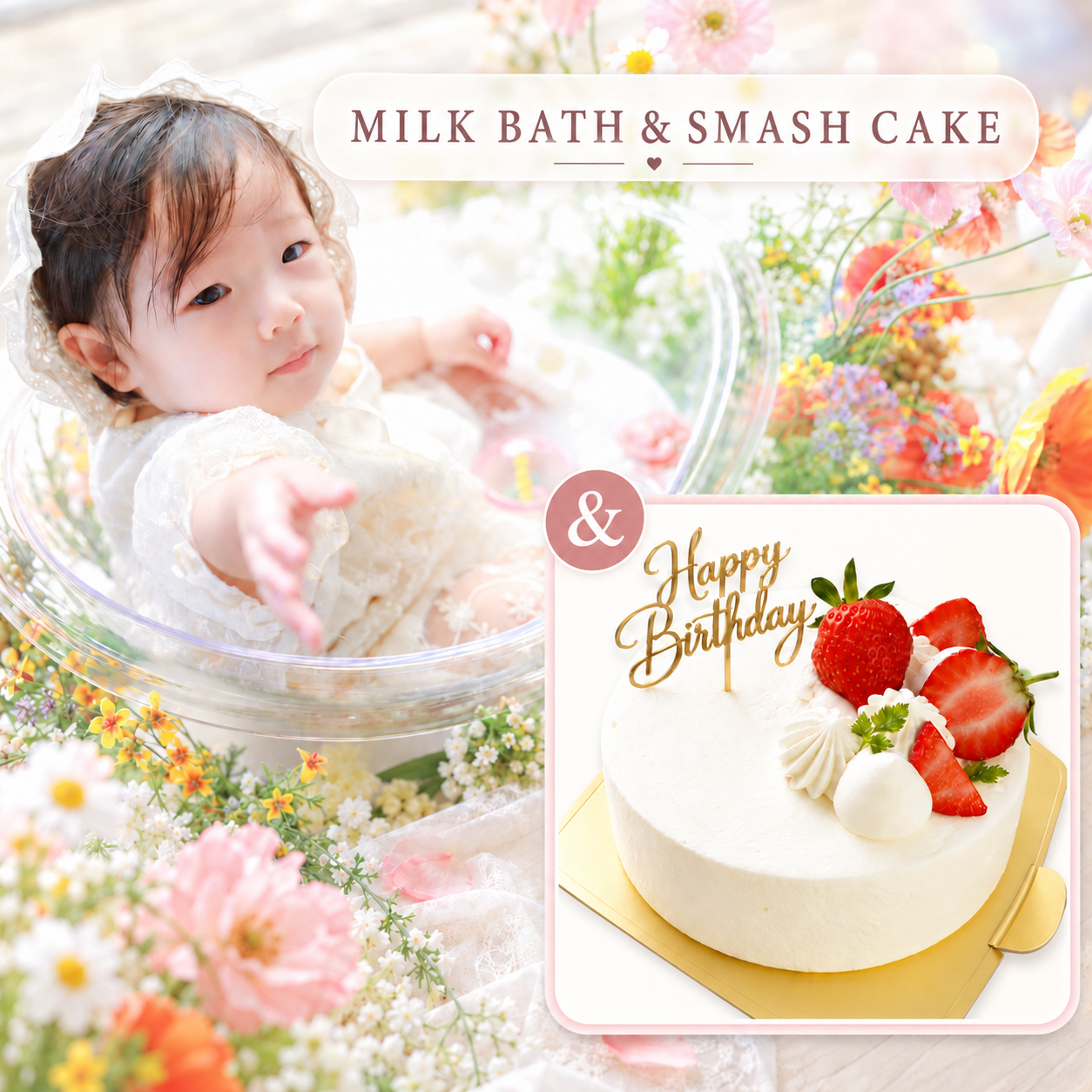 Happy Birthdayトッパーを飾った飯能店オリジナルのスマッシュケーキ